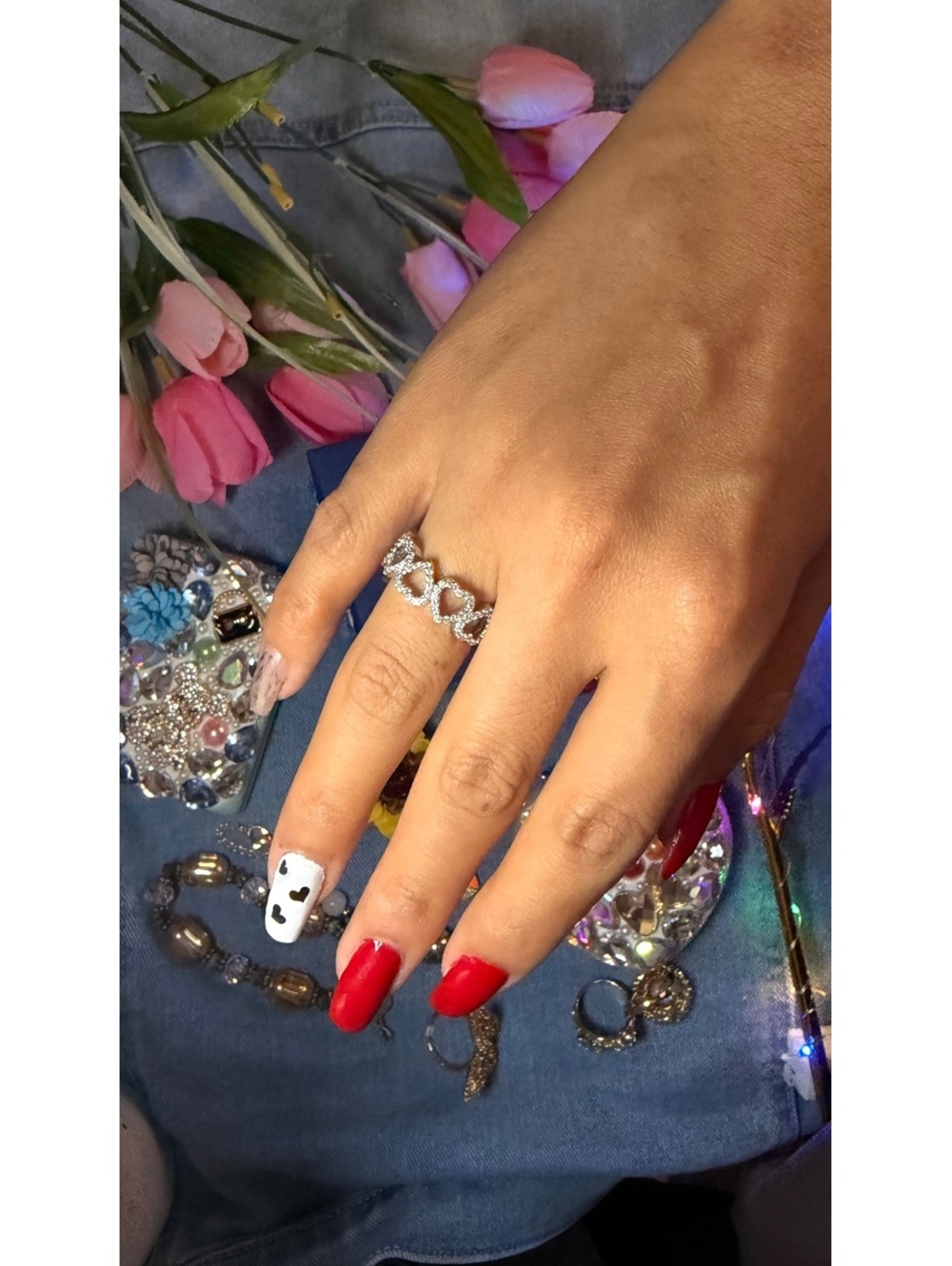 Silver 925 solid Heart Link Ring with Clear Crystals – size 7
